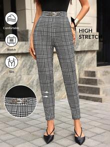 Editum 女士新款优雅高腰显瘦格子针织弹力修身口袋裤，适合工作及多种场合穿着 - 黑與白 - 查看 2