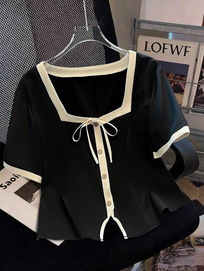 GlowEve CURVE 大码夏季休闲撞色滚边前襟纽扣系带短袖衬衫