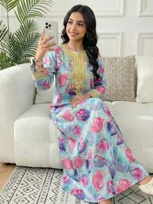 SHEIN Đầm dài tay cổ chữ V kiểu Ả Rập cho bé gái, phối ruy băng vàng và họa tiết hoa xanh. - Màu xanh lam - Xem 3