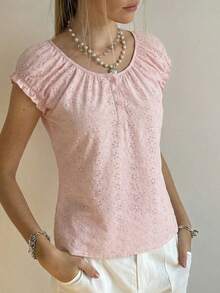 INAWLY Áo kiểu nữ dáng suông cổ tròn xếp ly màu trơn, phong cách thường ngày đi nghỉ mát, hiệu Schiffy, thích hợp cho mùa hè. - Hồng - Xem 3