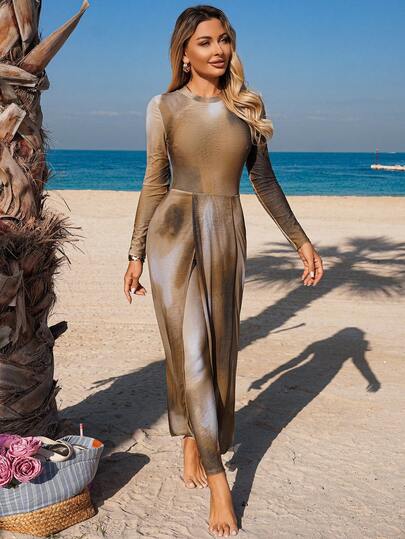 Swim Mulvari Dambikiniset med tie-dye-mönster och tryck, byxor med dragkedja baktill och slitsad maxikjol i mellanösternstil