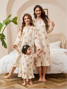 Tween Girls Pajamas-Ruffle Collar Long Sleeve Nightdress With Cute Bear Print Cream Ruffle Hem Knee Length Loose Fit Four Seasons Holiday 2026 Essential Sleepwear Loungewear Casual Vintage Sweet Gift Comfortable Everyday Bedroom Stylish Playful Princess - Apricot - View 12