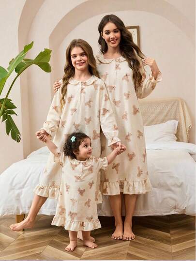 Tween Girls Pajamas-Ruffle Collar Long Sleeve Nightdress With Cute Bear Print Cream Ruffle Hem Knee Length Loose Fit Four Seasons Holiday 2026 Essential Sleepwear Loungewear Casual Vintage Sweet Gift Comfortable Everyday Bedroom Stylish Playful Princess