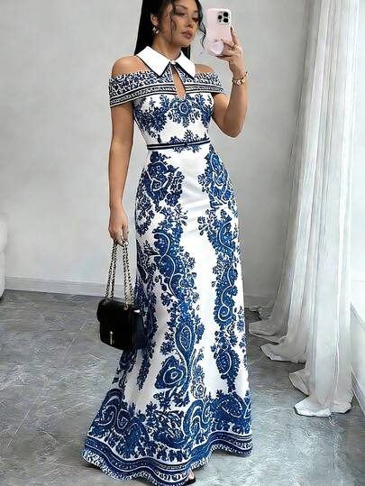 Elenzga Women's Elegant Commuter Vintage Print Open Shoulder Dress