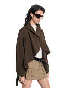 Airlisse Women's Fashion Asymmetric Utility Trench Coat With Wavy Hem Design And Lapel Collar - Brown - View 3