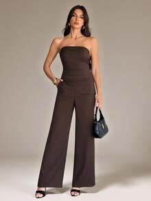 SHEIN Tall Women's Casual Sleeveless Top And Pants Suit Set, Summer In Fall/Winter Brown Two Piece Set Strapless Jumpsuit Brown Jumpsuit Dark Brown Top Chocolate Brown Top Brown Strapless Top Strapless Top And Pants Set Dark Brown Two Piece Set Chocolate Brown Outfit Wide Leg Brown Pants - Brown - View 7