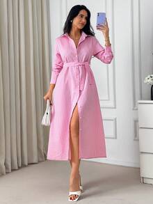 EURMUSE 女士粉白条纹衬衫裙 – 长袖纽扣领中长连衣裙，配腰带，休闲职场优雅春季装扮 - 粉色 - 查看 5