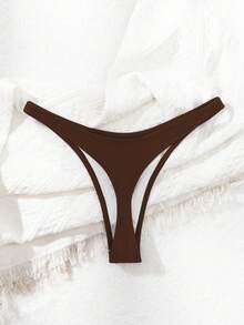 Swim Basics Solid Color High-Cut Bikini Bottoms For Summer Beach Vacation - Coffee Brown - View 2