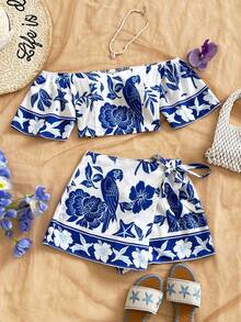 Soleia Women's Floral Print Off Shoulder Short Sleeve Top And Skort Fashion 2-Piece Set Carnival, - Multicolor - View 1