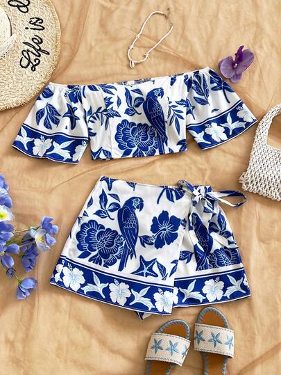 Soleia Women's Floral Print Off Shoulder Short Sleeve Top And Skort Fashion 2-Piece Set Carnival,