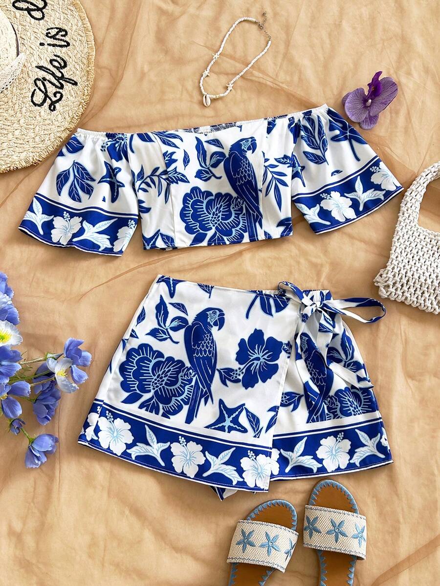 Soleia Women's Floral Print Off Shoulder Short Sleeve Top And Skort Fashion 2-Piece Set Carnival, - Multicolor - View 1