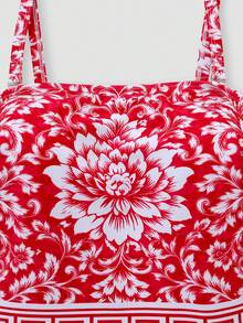 Swim Oasis 2026 New Elegant Floral Print One-Piece Swimsuit, High-End Beach Resort Wear, Plus Size - Red - View 3