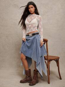 WESTFADE Pleated Handkerchief Raw Hem Asymmetrical Denim Midi Skirt - Medium Wash - View 4