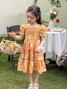 SHEIN LMoss Kids Young Girls' French Elegant Ditsy Floral Puff Sleeve Dress - Multicolor - View 3