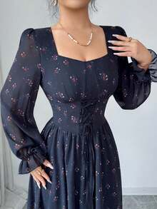 Modelyn 法式系带腰身灯笼袖中长连衣裙（女款） - 黑色 - 查看 6