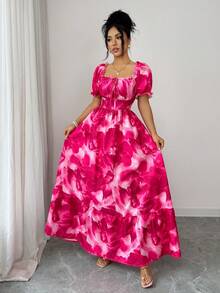 SHEIN Elenzya 女士优雅度假风扎染印花方领泡泡袖露背系腰连衣裙，紫红色 - 玫紅色 - 查看 4