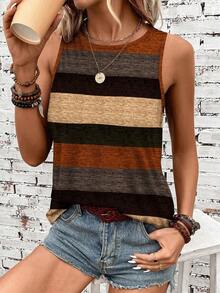 EMERY ROSE Women's Crew Neck Geometric Striped Retro Contrast Color Tank Top, Suitable For Spring/Summer Spring,Casual - Multicolor - View 4