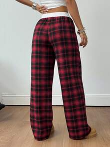 SHEIN PETITE CURVE Quần ống rộng kẻ caro dáng rộng, cạp chun, thích hợp cho mùa thu. - Màu Đỏ Sâu - Xem 2