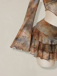 SHEIN ICON 复古做旧印花开衫网纱上衣和层叠下摆半裙两件套女装 - 卡其色 - 查看 4