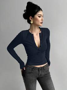 DAZY Áo thun dài tay ôm sát người dành cho nữ, cổ kéo khóa nửa thân - Màu xanh hải quân - Xem 2
