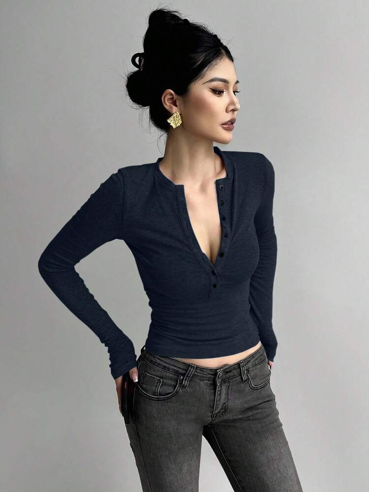 Women's Half-Zip Long Sleeve Bodycon T-Shirt