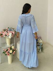 Franclia Robe longue à manches longues avec taille froncée et lien - Bleu azur - Voir 2