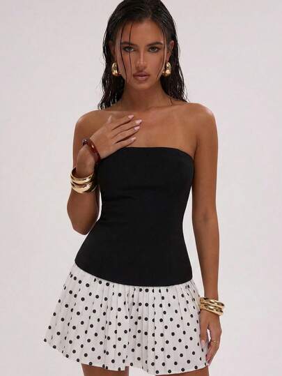 SHEIN BAE 女士优雅撞色波点印花褶皱抹胸连衣裙，夏季