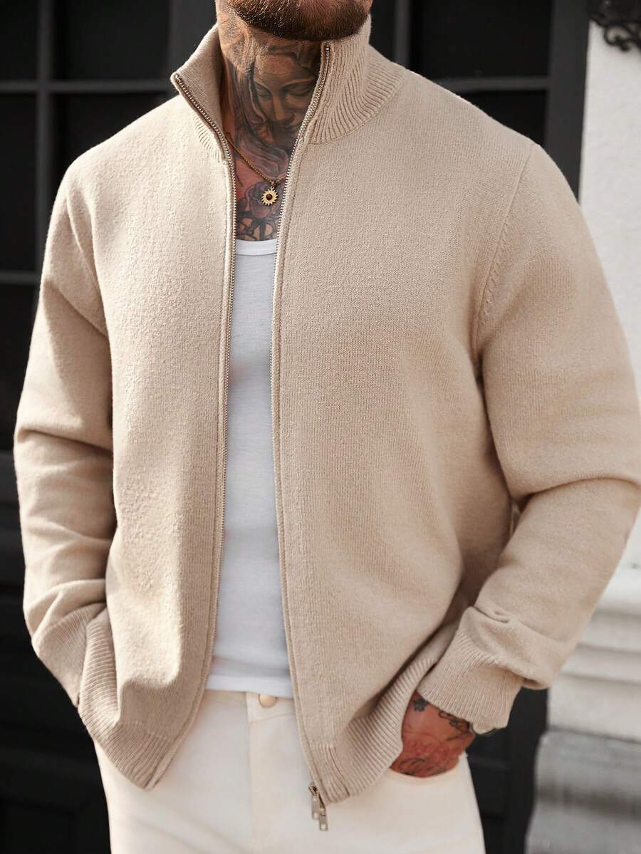 Manfinity Homme 男士休闲日常通勤简约纯色高领拉链开衫,秋冬男士针织开衫上衣套头衫,男士针织衫,男士羊绒针织开衫,非常适合情侣穿着,也是送给男友或丈夫的绝佳礼物。男士拉链毛衣奶油色套装,男士米色套装,男士毛衣外套。 - 彩色 - 查看 1