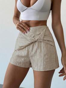 Firerie 女士优雅简约裹身短裙，高腰卡其色不对称下摆修身百搭短裤，休闲度假、教师、海滩度假皆宜 - 卡其色 - 查看 3