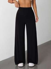 SHEIN PETITE Women's High Elastic Wide Leg Black Trousers High Waist Pants Wide Leg Pants Wide Leg Pant Palazzo Pants Women Black Palazzo Pants Black Flare Pants Black Wide Leg Pants Women Wide Leg Pants - Black - View 7
