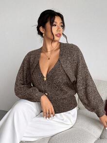 Firerie Plus Size Solid Color Front Button Long Sleeve Casual Knit Cardigan In Fall/Winter - Brown - View 3