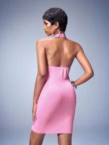 Y2Kool BiGraphic Women's Pink Sexy Hot Girl Valentine's Day Rhinestone-Embellished Sexy Backless Casual Mini Dress - Coral Pink - View 2