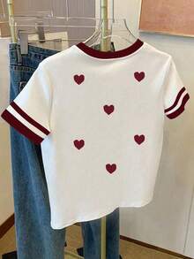Áo thun nữ tuổi teen in hình trái tim, kiểu dáng rộng rãi, phối màu tương phản, cổ tròn. - Nhiều màu - Xem 2
