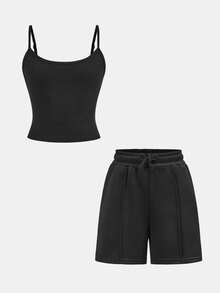 TweenGirl New Spring/Summer Casual Basic Sports Square Neck Camisole + Pleated Decor Sports Pants Black 2pcs Set, Sportswear, Loungewear, Suitable For School, Outdoor - Black - View 6