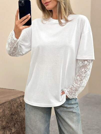 EURMUSE Relaxed Fit T-Shirt, Round Neckline, Long Sheer Lace Sleeves, Soft Cotton Blend, Casual Chic, Feminine Touch, Breathable Lightweight Fabric, Everyday Comfort, Stylish Layered Look, Versatile Day To Night