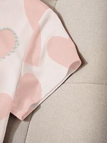 Resyla 女士夏季休闲短袖T恤，可爱粉色爱心印花图案，手工串珠爱心设计，时尚街头风，适合约会、日常穿着，学生款 - 粉色 - 查看 4