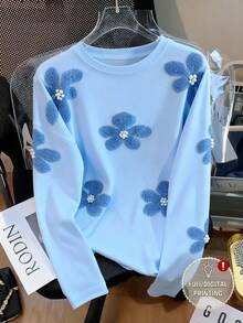 Resyla 3D珍珠花卉数码印花圆领女式长袖印花T恤 - 彩色 - 查看 3