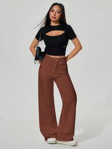 SHEIN ICON 女士休闲日常通勤简约百搭纯色宽松阔腿牛仔裤 - 咖啡棕 - 查看 6