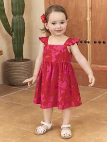 SHEIN 女婴纯色花卉荷叶边休闲方领连衣裙 - 彩色 - 查看 2