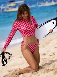 Swim SPRTY 2pcs Women's Plaid Print Long Sleeve Vest Suit, Beach Vacation Outfit, Spring/Summer Long Sleeve Bathing Suit Long Sleeve Bikini Set Long Sleeve Checkered Bikini Checkered Bikini Checkered Bathing Suit Modest 2 Piece Swimsuit - Pink - View 4
