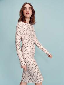lacRébo Vestido midi de manga comprida com estampa floral em estilo vintage, modelagem ajustada e detalhe de botões frontais. Lindo e romântico, perfeito para a primavera/verão, com inspiração francesa e parisiense. Vestido midi feminino de manga comprida com estampa floral. - Damasco - Ver 5