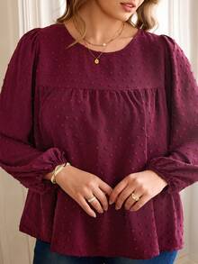 Rosumi 大码女式休闲宽松灯笼袖荷叶边下摆衬衫 - 酒紅色 - 查看 6