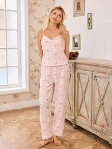 2pcs Pink Plaid Bow Print Camisole & Pants Pajama Set - Pink - View 5