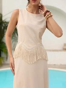 Modelyn Women's Vacation Casual Tassel Hem Camisole And Mini Skirt 2 Pieces Set Fringe Dress Tassel Dress Es Women Fringe Outfits Women Beige Dress Beige Dresses Women - Apricot - View 3