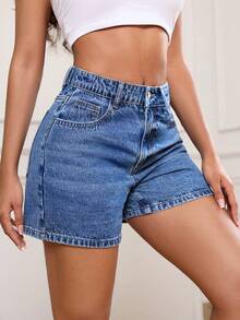 SHEIN ICON Quần short denim cạp cao kiểu vintage dành cho nữ cỡ lớn, dáng chữ A, ống rộng, thoải mái, đa năng. - Rửa trung bình - Xem 4