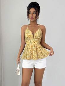 Elenzga Camiseta de tirantes finos con cuello en V, estampado floral amarillo, cintura con lazo y volantes, estilo sexy para vacaciones de verano de la mujer. Adecuado para salidas, citas, vacaciones, alta relación calidad-precio - Amarillo - Ver 5