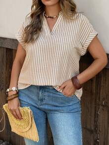 SHEIN LUNE CURVE 大码女式梭织休闲夏季度假衬衫 - 卡其色 - 查看 5