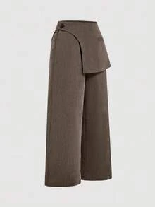 SHEIN MOD Pantalones formales con superposición de color gris oscuro para mujer de talla grande, adecuados para la temporada de regreso a la escuela, ropa de trabajo en otoño/invierno - Marrón - Ver 5