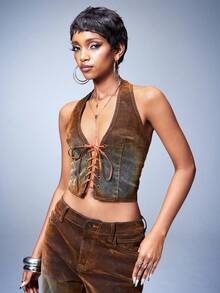 Y2Kool BiGraphic Women's Brown Sexy Cross-Back Tie-Front Washed Denim Adjustable Short Magic Tape Top, Summer Style - Coffee Brown - View 4