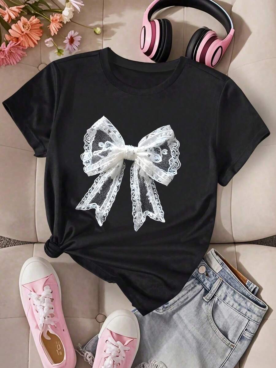 SHEIN 青少年女孩休闲蕾丝蝴蝶结装饰短袖T恤，夏季 - 黑色 - 查看 1
